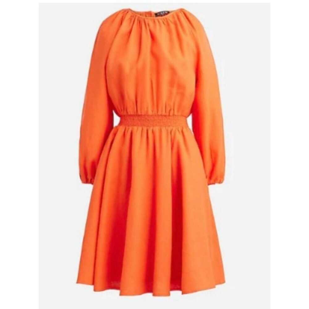 NWT J.Crew Palermo Smocked-Waist Mini Dress Linen Orange Fire Lily Medium Tall